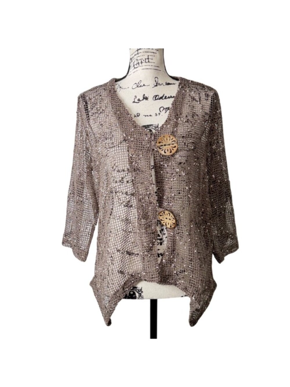 Nina Leonard Womens XL Mesh Knit Cardigan Asymmetrical-Hem Wooden Button Tan